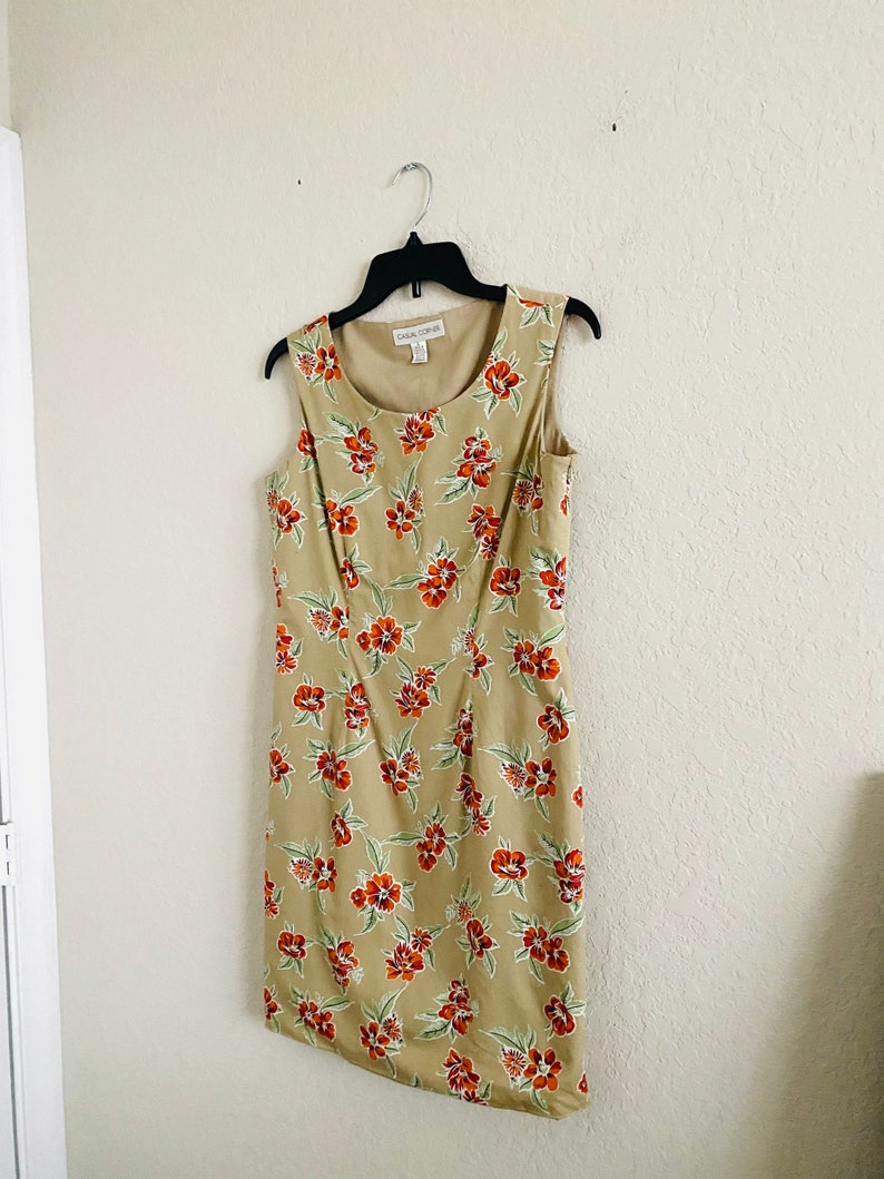 90s Vintage Casual Corner Tan Floral Sheath Dress image 3