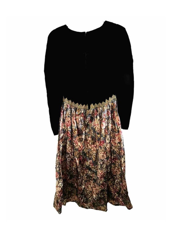 90s Vintage Velvet Satin Black Floral Long Dress … - image 2