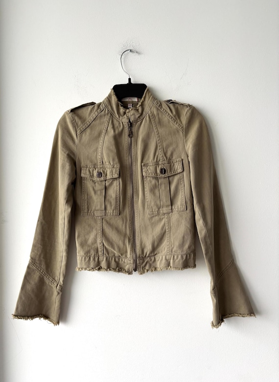 Vintage Y2K Joie Jacket Tan Canvas Flare Sleeve Mandarin Collar Full Zip Womens XS USA