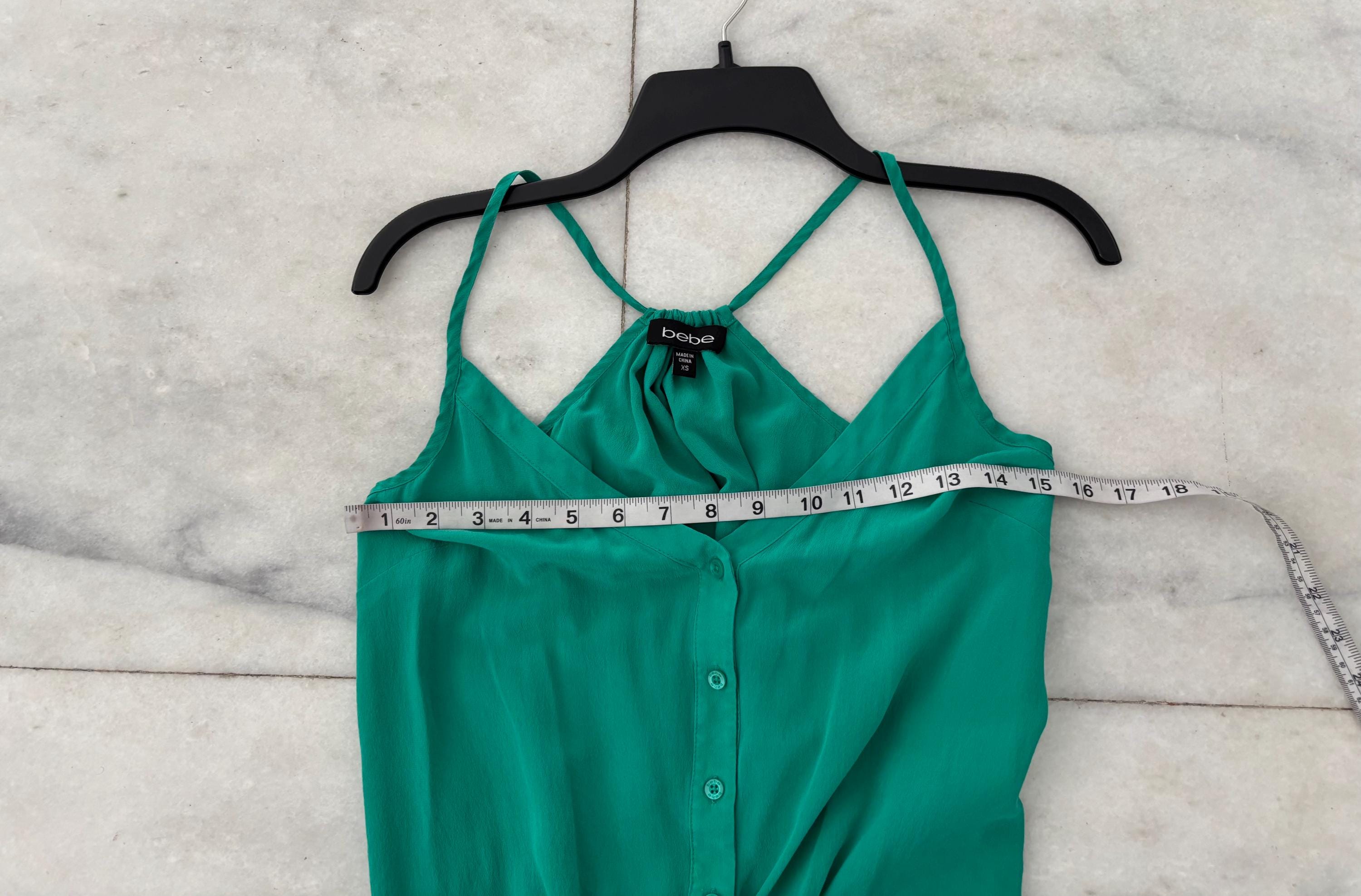Y2K BEBE Tank Top Green Silk Button up V-neck Tie Racerback Womens