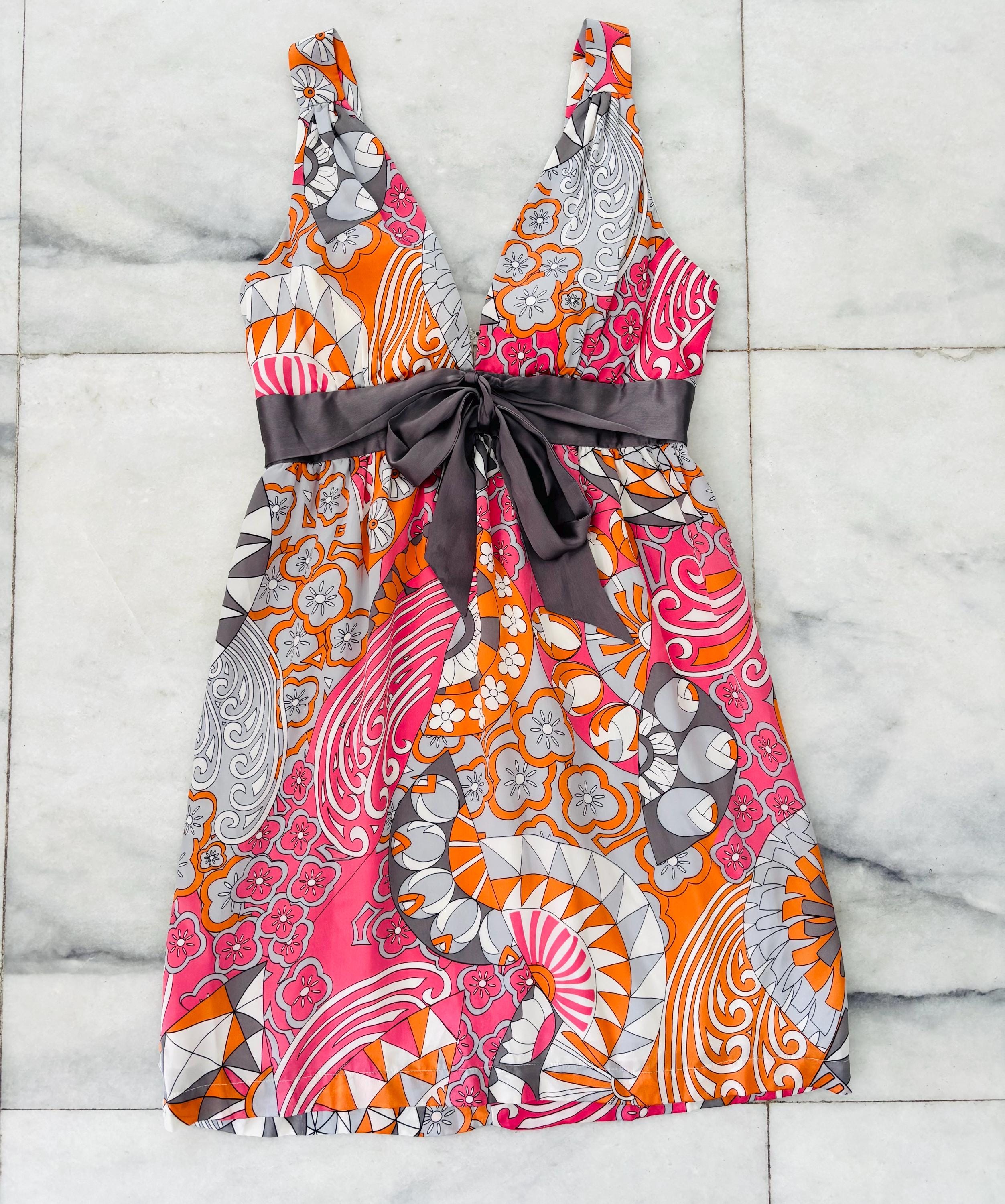 Y2K Vintage Arden B Dress Silk Satin Pink Orange Print Surplice