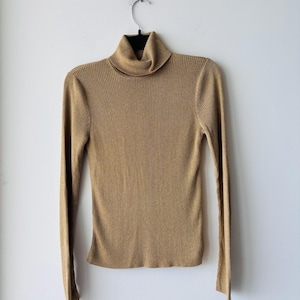 Vintage Lauren Ralph Lauren Turtleneck Sweater Gold Shimmer Luxury Ribbed Knit Women Small
