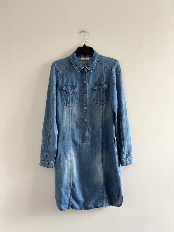 90s DKNY Denim Shirt Dress Cotton Linen Blue Pocket Belt Womens 2 Western Cowgirl