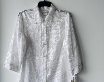 VTG TanJay Blouse Button Up White Satin Sheer Floral Burnout Women 12 Old Money Coastal Resort NWT