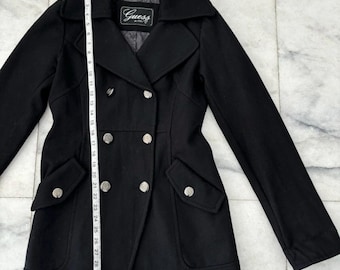 Y2K GUESS Pea Coat Wool Blend Double Breasted Black Silver Buttons