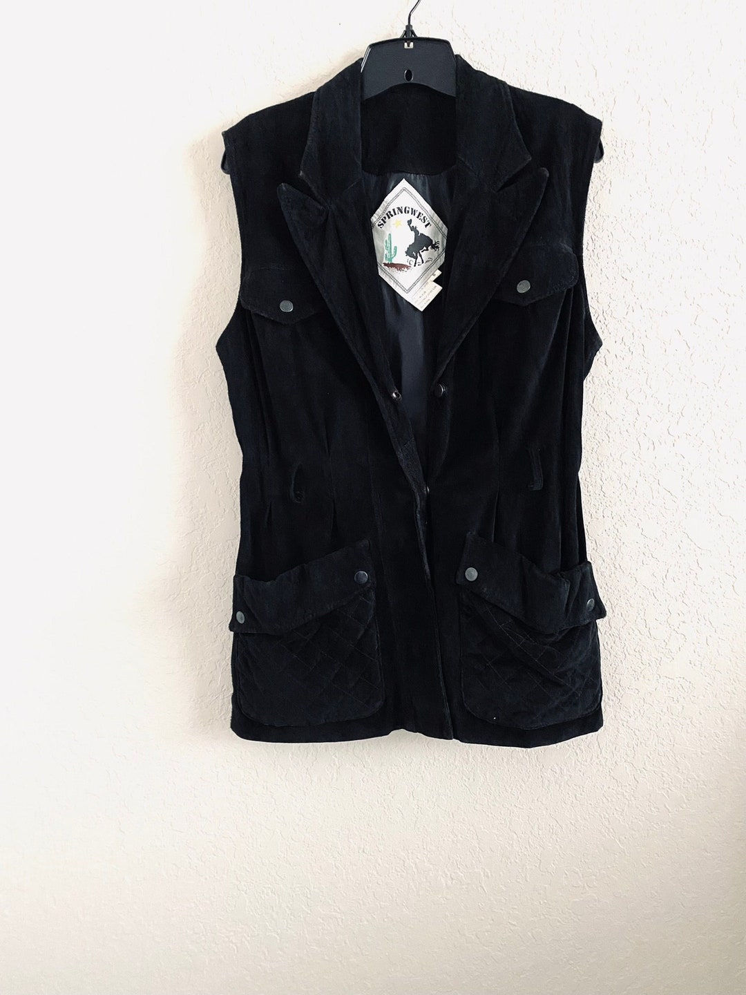 Springwest Vintage Black Genuine Leather Suede Sleeveless Snap Button ...