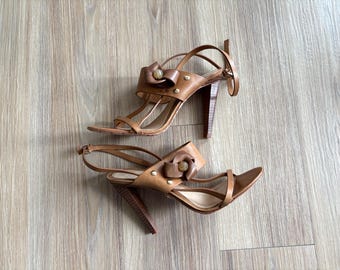 Y2K L.A.M.B Gwen Stefani Stiletto Heels Tan Leather Strappy RARE US 8 Boho Glam
