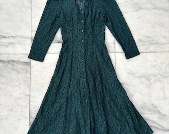 Vintage Marnie West Dress Midi Green Lace Long Sleeve Sheer Womens 12 Renaissance Bridgerton