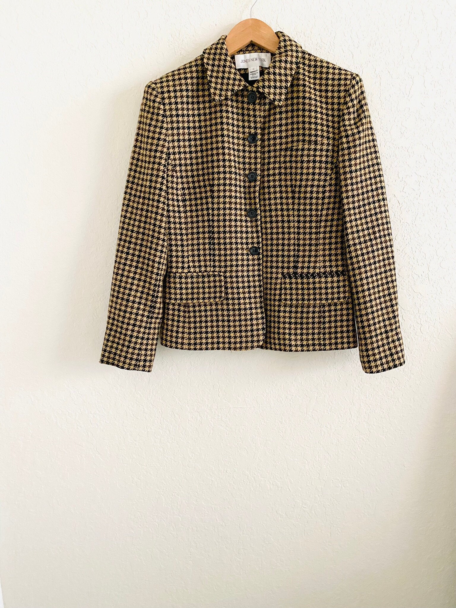 Jones New York 90s Vintage 100% Wool Tan Houndstooth Print