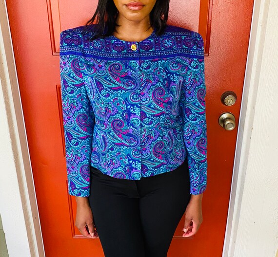 80s Vintage Maggy London Paisley Print Silk Blouse