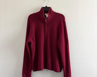 Suéter VTG Talbots rojo oscuro con cremallera completa, tejido grueso, talla XL para mujer, estilo preppy y clásico.