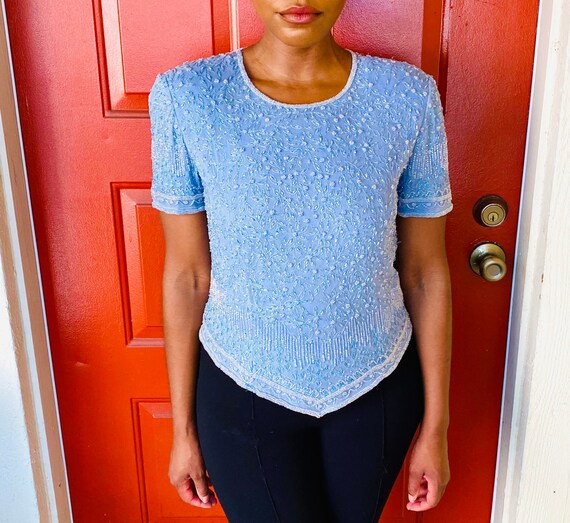 90s Adrianna Papell Periwinkle Blue Silk Beaded Bl