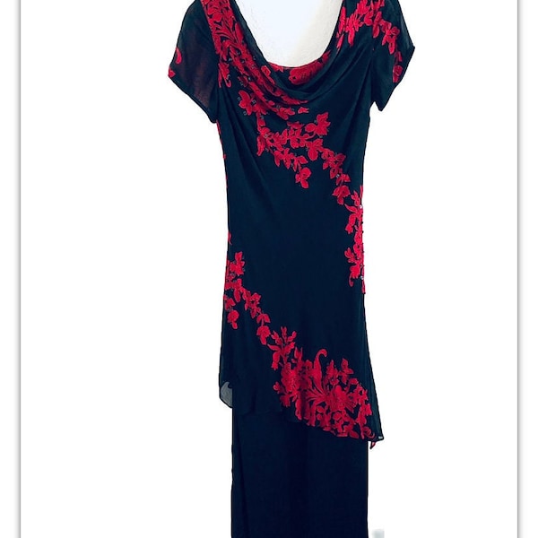 Eva Blue Vintage Cruella Black & Red Lace Sequin Cowl Neck Scalloped Long Dress Size 6