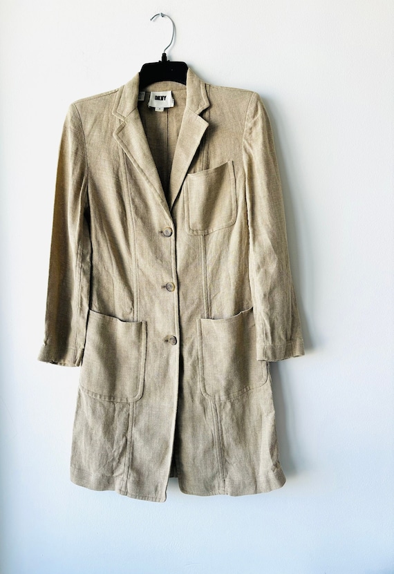 Vintage DKNY 100% Linen Burlap Long Jacket Collare