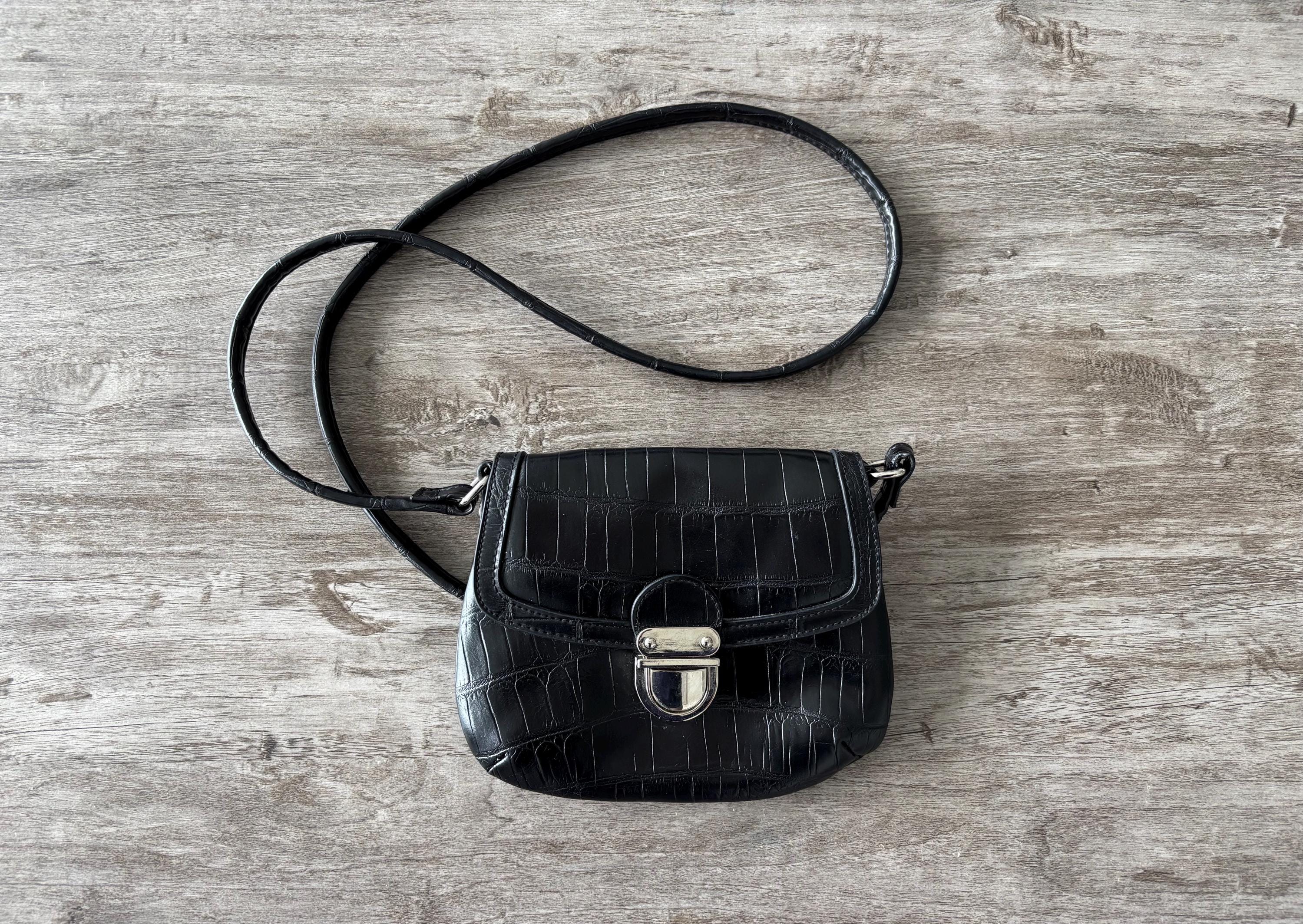 Vintage Crossbody Bag Mini Black Silver Hardware Embossed Purse