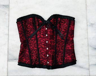 VTG Corset Bustier Red Black Lace Strapless Womens 3XL Gothic Whimsigoth Cosplay Romantic