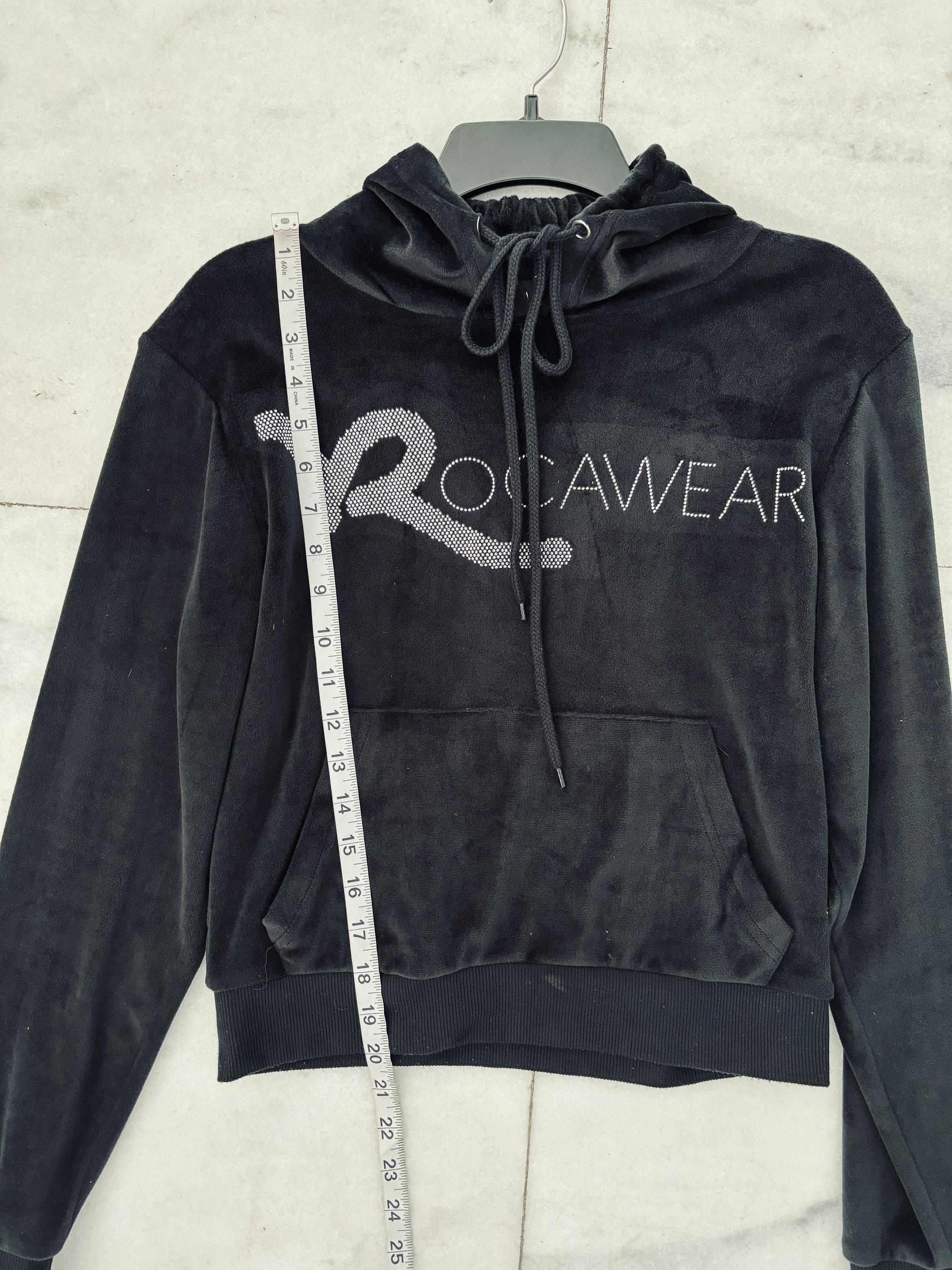 Y2K ROCAWEAR Hoodie Black Velour Velvet Rhinestone Logo Womens S