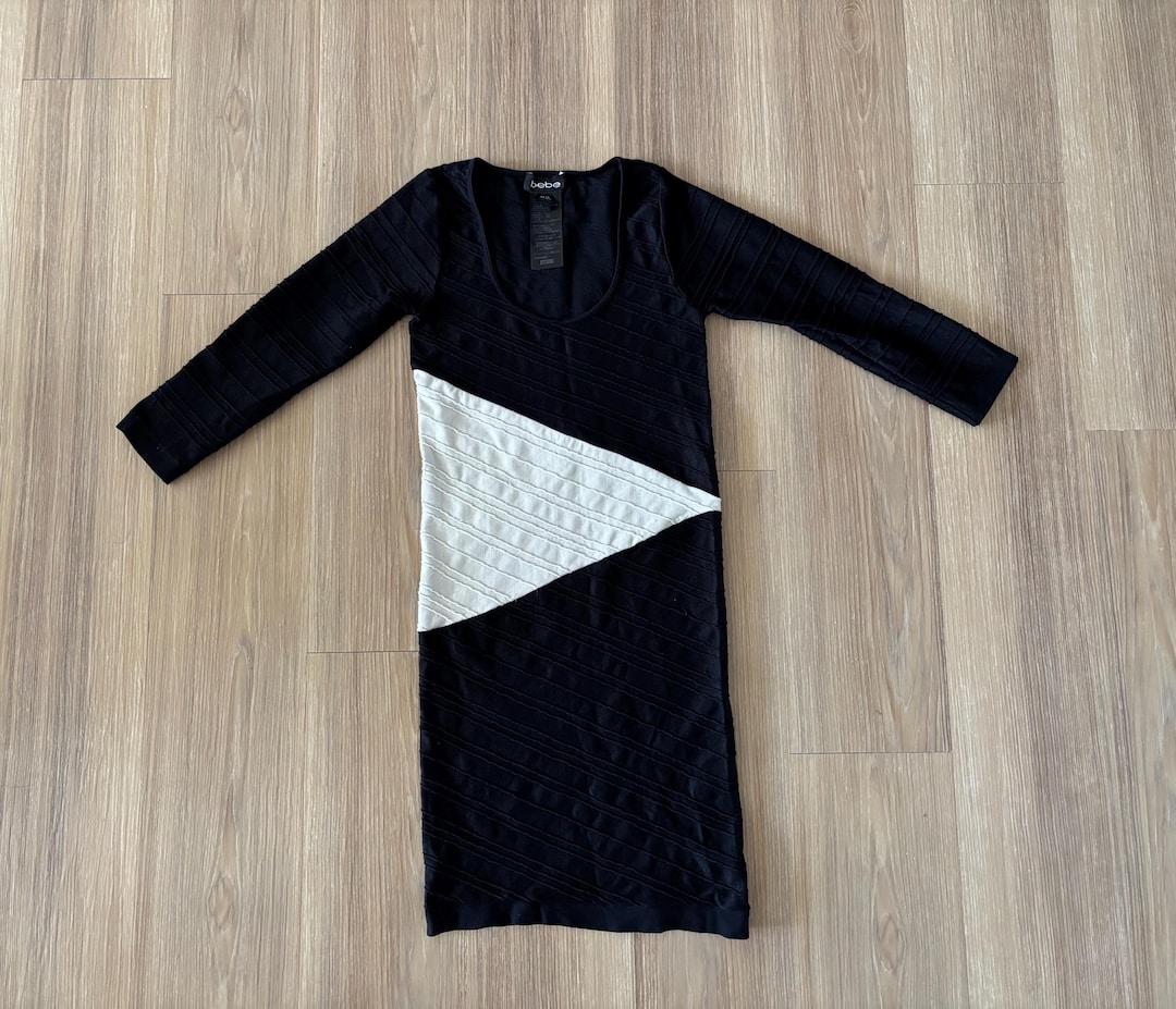 bebe bandage dress black Y2K VTG White Colorblock Mini Geometric Women M/L USA It features a color