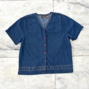 Vintage Jane Ashley Shirt Button Up Denim Embroidered V Neck Cotton XL Western Cowgirl