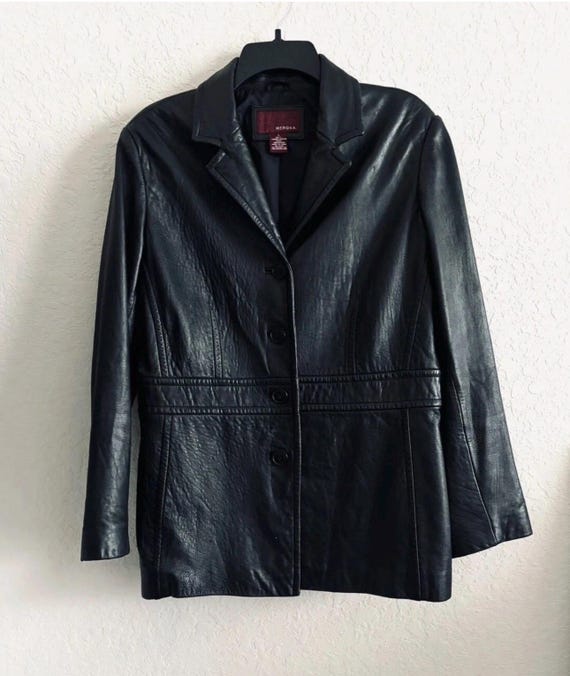 VTG Merona Leather Jacket Black Collared Lined Womens Large 90s