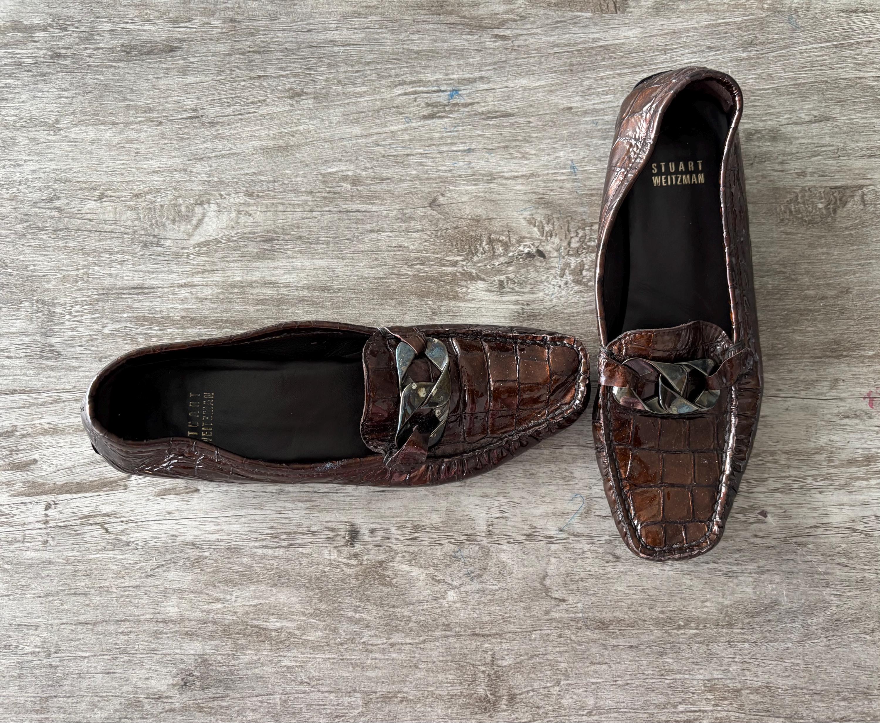 VTG Stuart Weitzman Loafers Flats Leather Brown Embossed  display picture 1