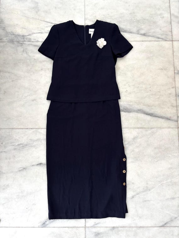 Vintage Danny & Nicole Dress Long Navy Blue Overlay Button Short Sleeve Womens 8