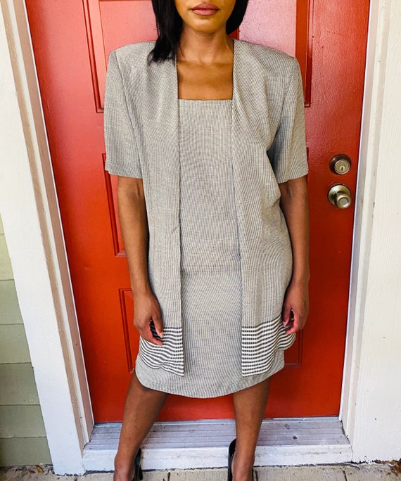 90s Virgo II Houndstooth Open Front Shift Dress 90