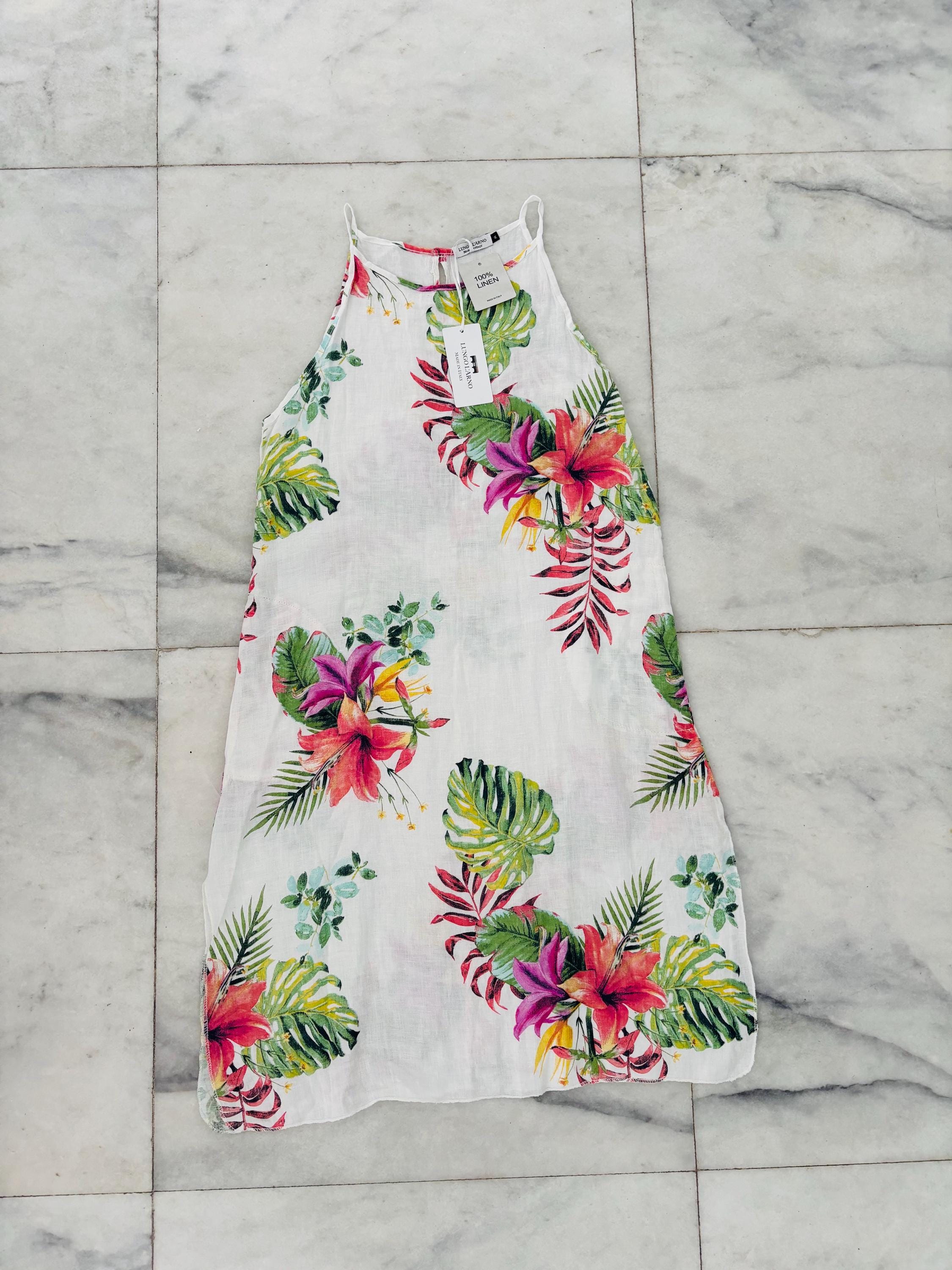 chinese dress ladies Lungo L'arno Made in Italy Linen V-Neck Tie Waist Floral Print Mini Dress White / L main image 0