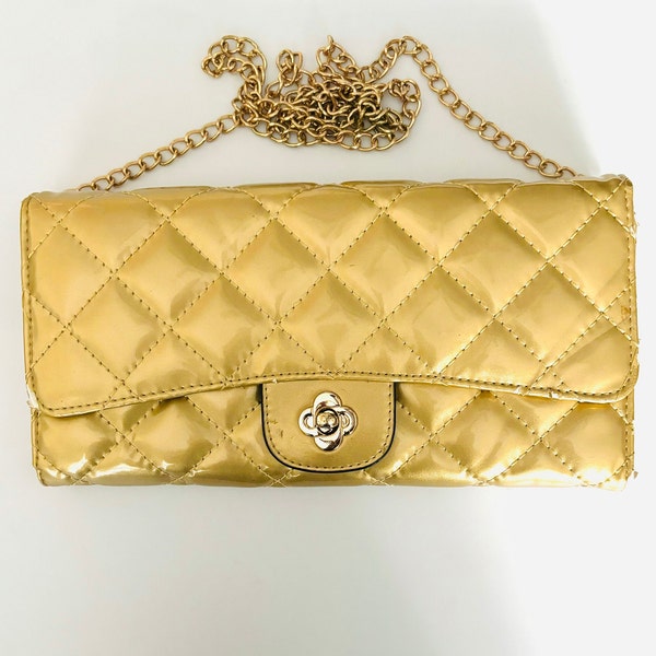 90s Vintage Gold Patent Quilted Wallet On Chain Crossbody Bag