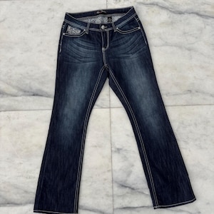 Y2K Love Nation Jeans Low Rise Bootcut Dark Wash Rhinestone Embellished Womens 6