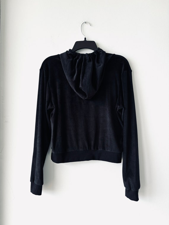 Y2K ROCAWEAR Hoodie Black Velour Velvet Rhinestone Logo Womens S