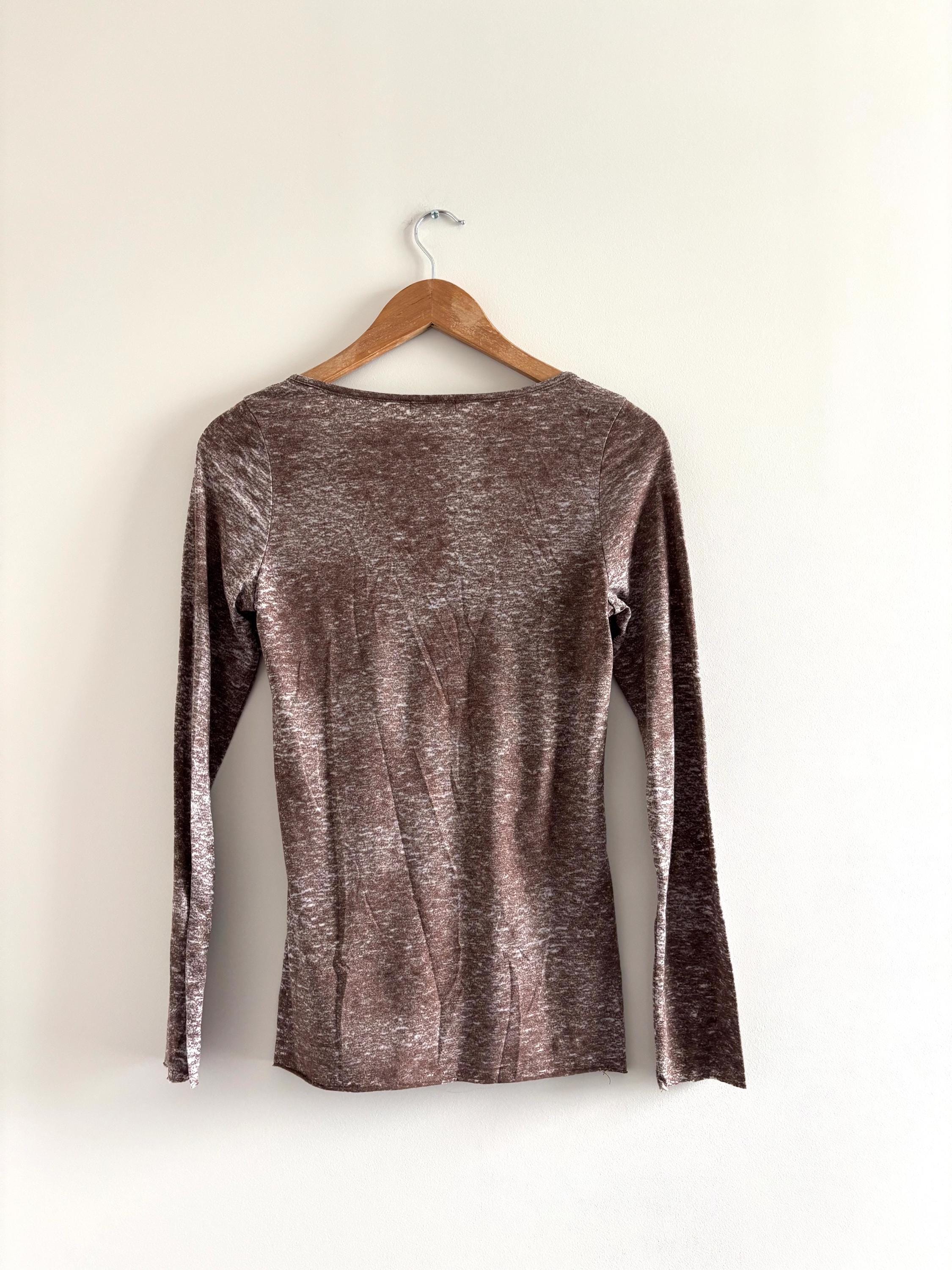 90s Y2K Gadzooks Top Tan Print Scoop Neck Long Sleeve Women M