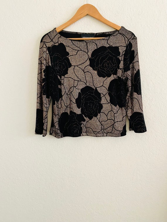 Connected VTG Floral Black & Gold Stretch Glitter 