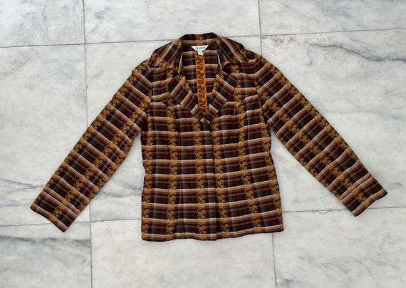Vintage Austin Reed Jacket Brown Yellow Plaid Floral Womens Size 8