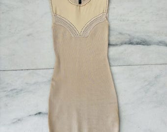 Y2K Marciano Dress Mini Beige Leather Knit Stretch Sweetheart Women XS Party Club