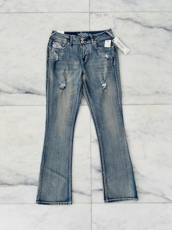 Y2K Revolt Jeans Bootcut Mid Rise Rhinestone Fleur De Lis Denim 