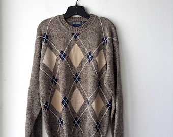 Pull VTG Gulf Traders Pull en coton à losanges marron pour homme M Grand-père BCBG Professor