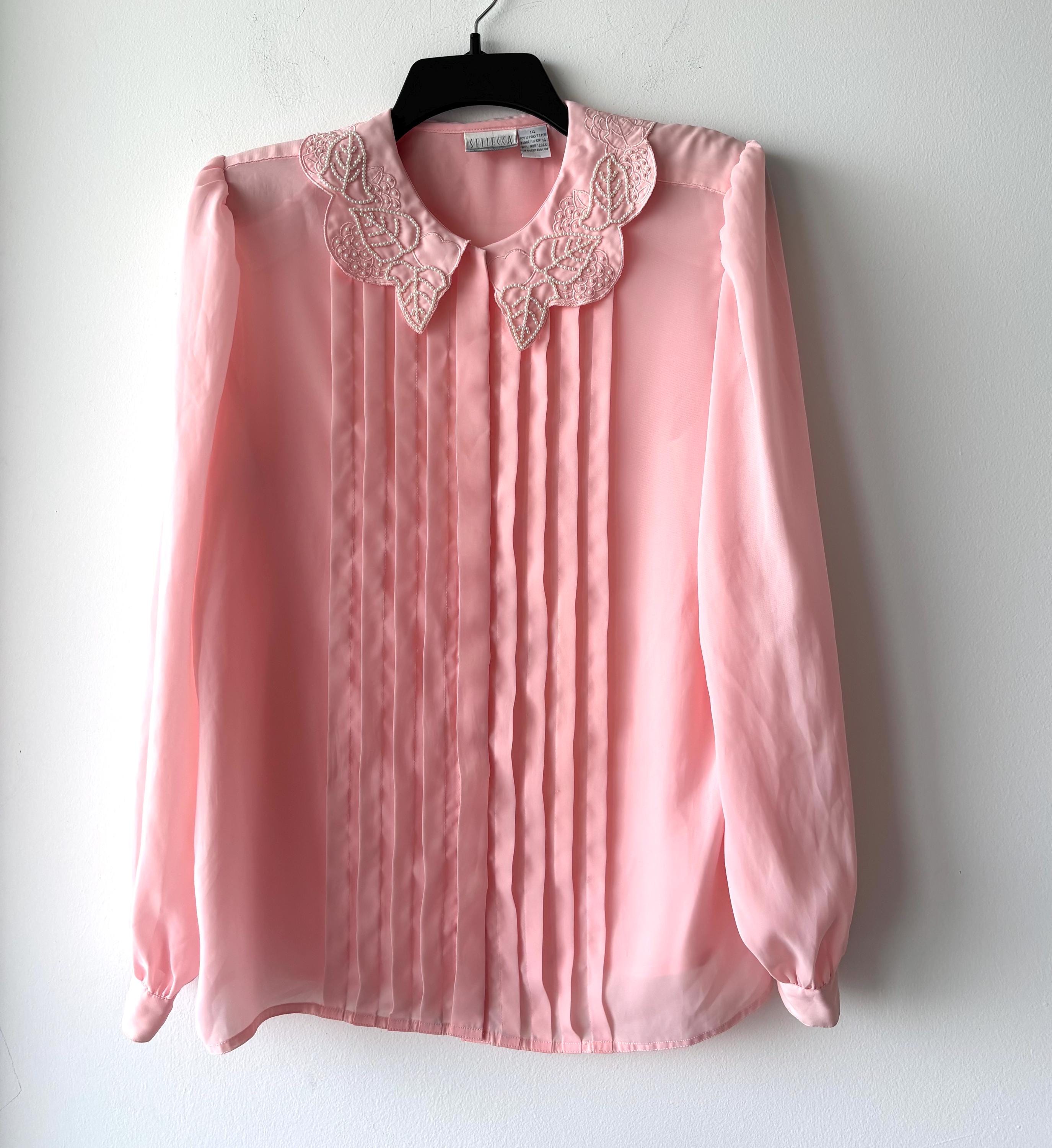 Blusa VTG Sellecca Rosa Claro Gola Pérola Chiffon Feminina 14