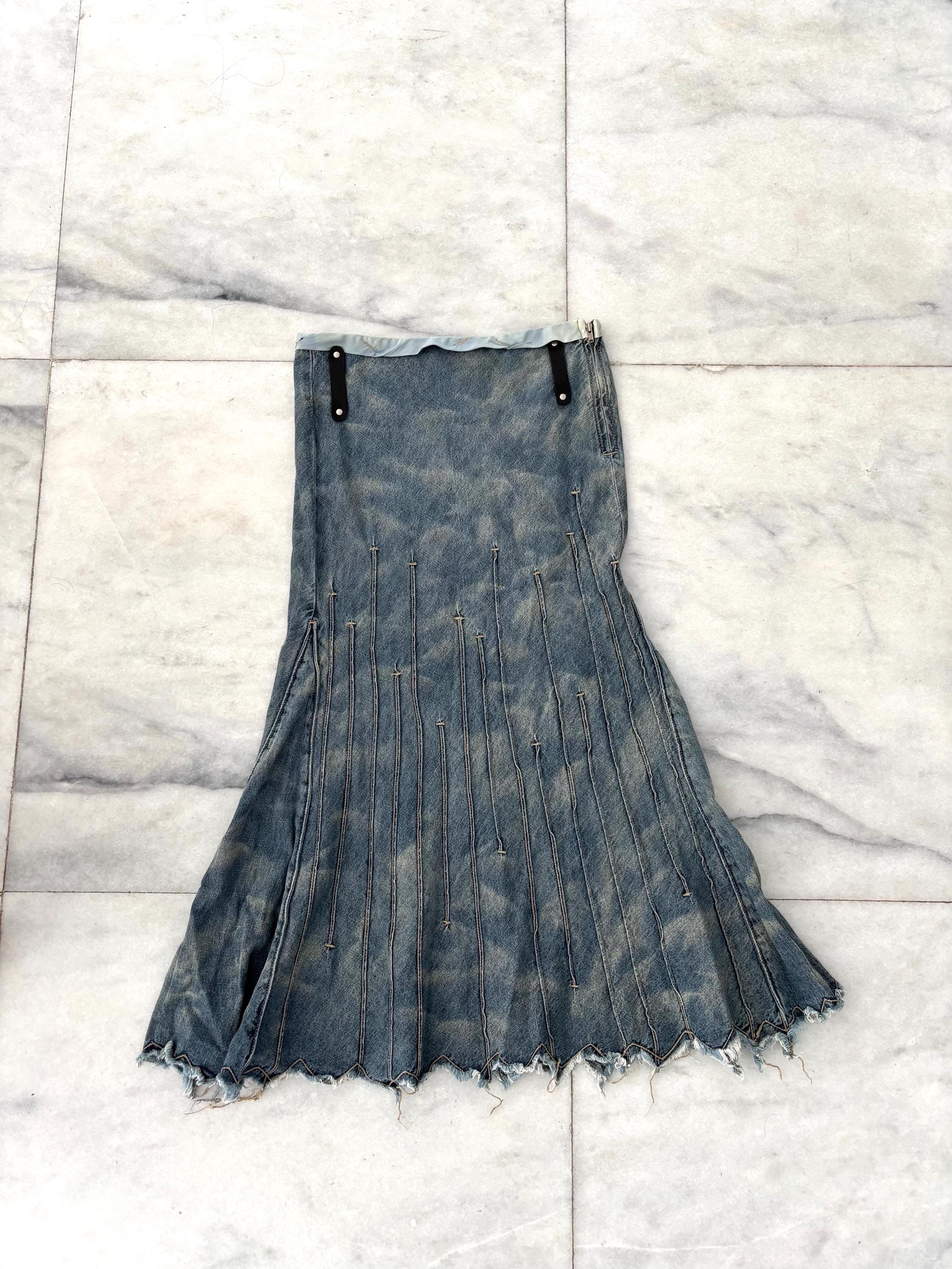 Vintage Y2K Marithe Francois Girbaud Skirt Denim Trumpet Pleated Frayed Hem Long Womens 24/0 Boho