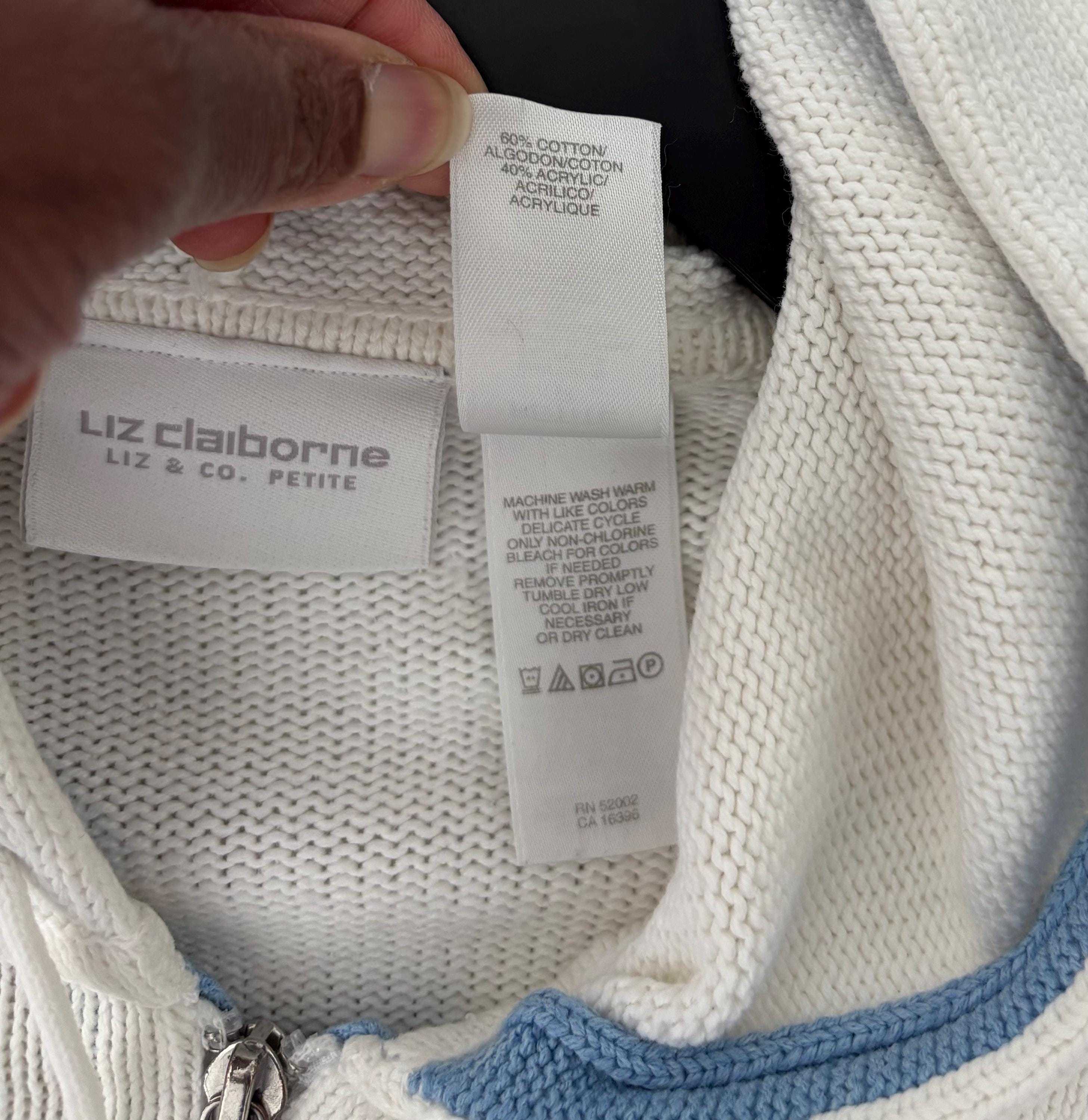 VTG Liz Claiborne Jacket White Knit Zip Hooded Cotton Women PS 