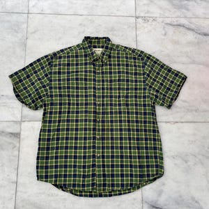 90s Vintage Eddie Bauer Button Up Shirt Green Blue Plaid Cotton Mens L Grunge Gorpcore