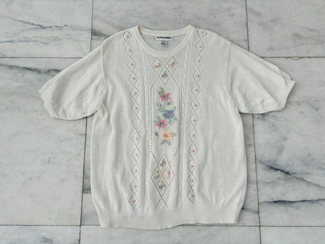 Vintage Alfred Dunner Sweater Granny Pullover Ivory Flowers Short