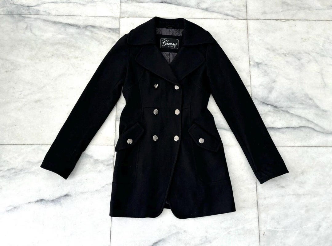 ジャケット・アウター 00s kolor wool Pea coat y2k Y2K GUESS Pea Coat Wool Blend Double Breasted Black Silver Buttons