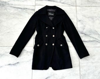 Y2K GUESS Pea Coat Wool Blend Double Breasted Black Silver Buttons Women Small Academia