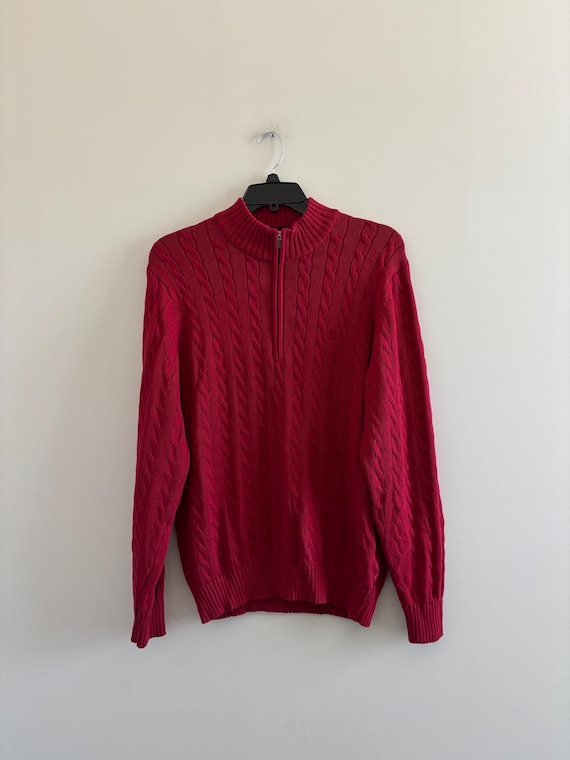 Izod, VTG IZOD Sweater Cable Knit Quarter Zip Red Cotton Mens M Preppy Professor 90s