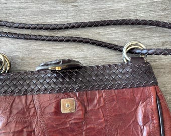 Vintage MC Leather Shoulder Bag Purse Woven Bordeaux Brown Western