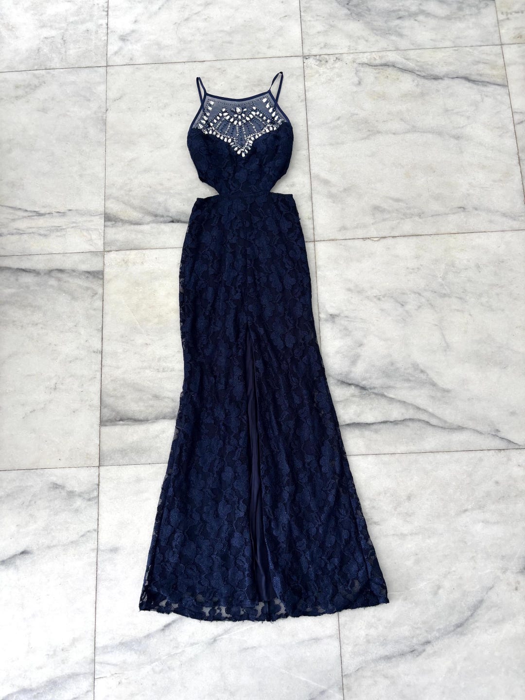b darlin navy blue prom dress Y2K B. Maxi Lace Cut Out Mesh Beaded 3/4 Art Deco Formal women's clothing kimono The elegant design ensures Lace Applique Princess Quinceanera Size:Lg