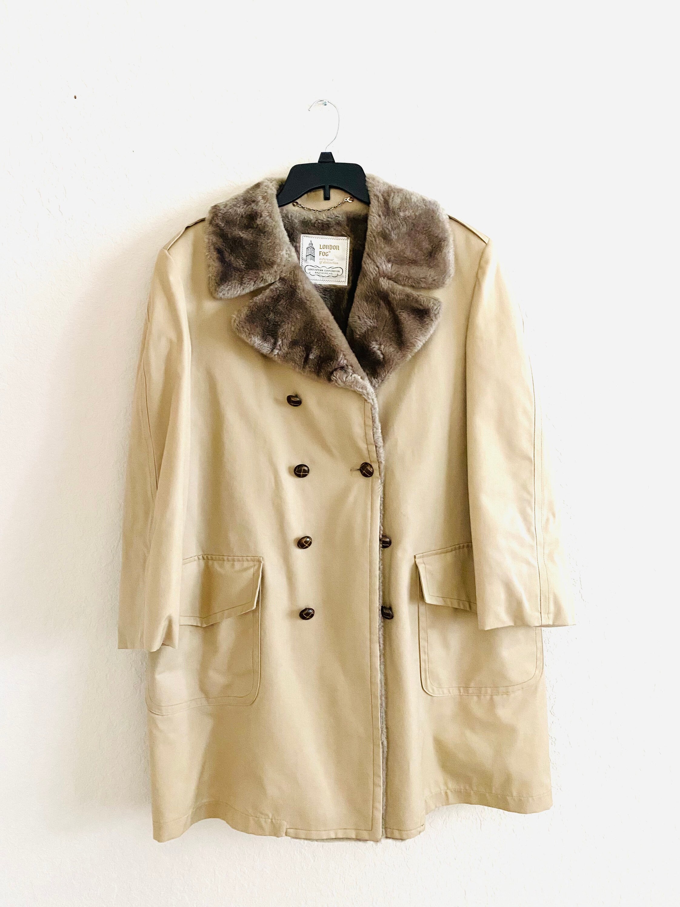 80s Vintage London Fog Beige Faux Fur Trim Trench Coat Size