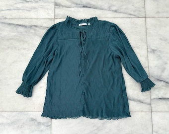 VTG Notations Top Teal Blue Smocked Lined Button Womens L Cottagecore Peasant Romantic