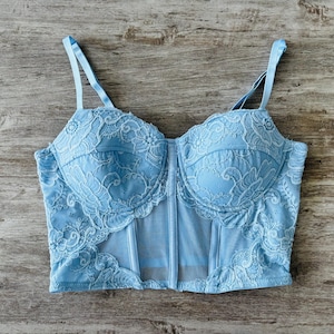 Y2K Say What Corset Bustier Bra Lace Nylon Baby Blue Womens Large Romantic Cottagecore